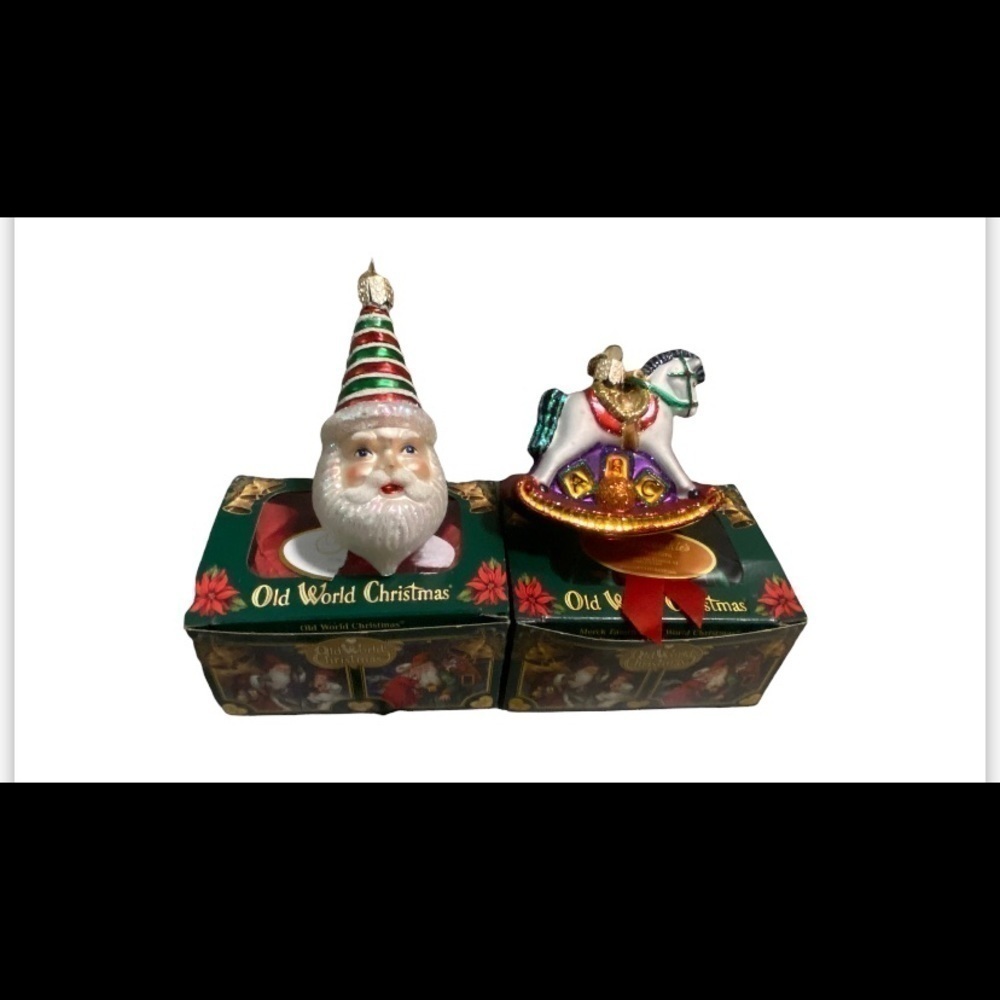 LOT OF 2 OLD WORLD CHRISTMAS TREE ORNAMENTS SANTA  & ROCKING HORSE IN BOXES